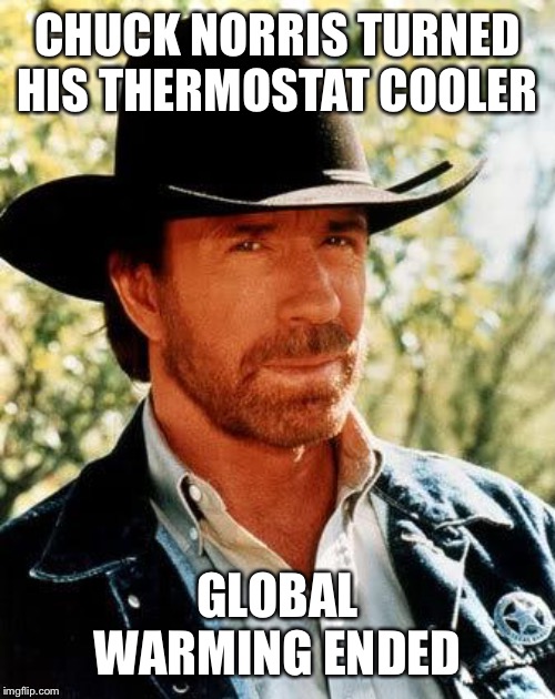 Chuck Norris Meme | CHUCK NORRIS TURNED HIS THERMOSTAT COOLER; GLOBAL WARMING ENDED | image tagged in memes,chuck norris | made w/ Imgflip meme maker