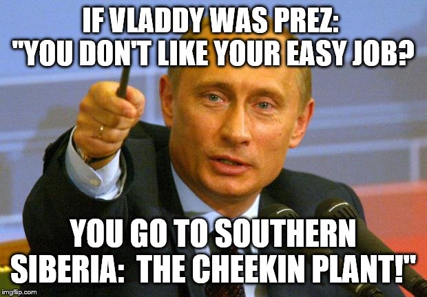 Good Guy Putin Meme | IF VLADDY WAS PREZ:  "YOU DON'T LIKE YOUR EASY JOB? YOU GO TO SOUTHERN SIBERIA:  THE CHEEKIN PLANT!" | image tagged in memes,good guy putin | made w/ Imgflip meme maker