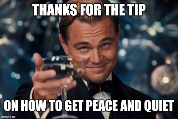 Leonardo Dicaprio Cheers Meme | THANKS FOR THE TIP ON HOW TO GET PEACE AND QUIET | image tagged in memes,leonardo dicaprio cheers | made w/ Imgflip meme maker