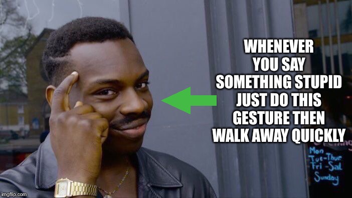 Roll Safe Think About It | WHENEVER YOU SAY SOMETHING STUPID JUST DO THIS GESTURE THEN WALK AWAY QUICKLY | image tagged in memes,roll safe think about it | made w/ Imgflip meme maker