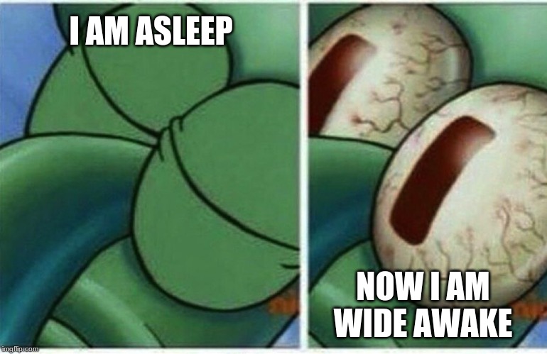 Squidward | I AM ASLEEP; NOW I AM WIDE AWAKE | image tagged in squidward | made w/ Imgflip meme maker