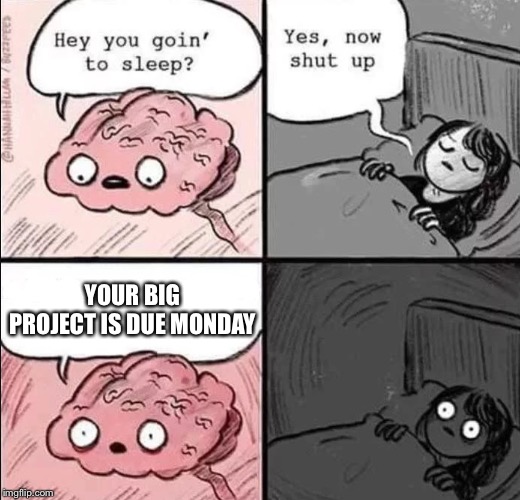 waking up brain | YOUR BIG PROJECT IS DUE MONDAY | image tagged in waking up brain | made w/ Imgflip meme maker
