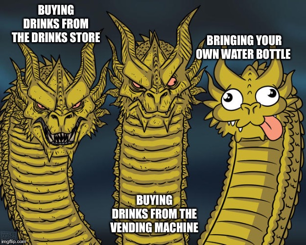 Three-headed Dragon | BRINGING YOUR OWN WATER BOTTLE; BUYING DRINKS FROM THE DRINKS STORE; BUYING DRINKS FROM THE VENDING MACHINE | image tagged in three-headed dragon | made w/ Imgflip meme maker