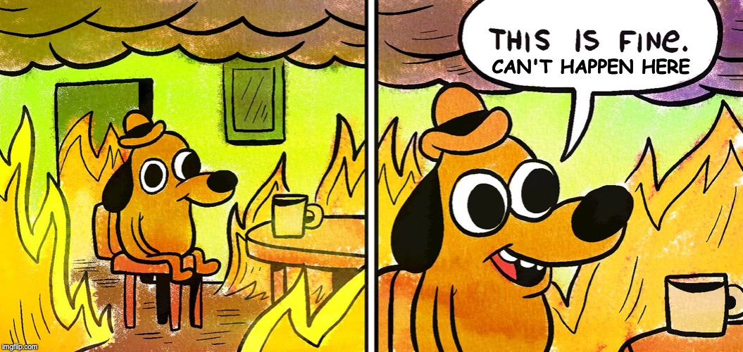 dog burning room | CAN'T HAPPEN HERE | image tagged in dog burning room | made w/ Imgflip meme maker