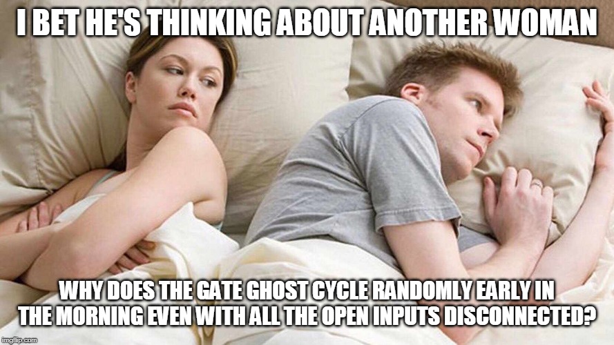 I Bet He's Thinking About Other Women | I BET HE'S THINKING ABOUT ANOTHER WOMAN; WHY DOES THE GATE GHOST CYCLE RANDOMLY EARLY IN THE MORNING EVEN WITH ALL THE OPEN INPUTS DISCONNECTED? | image tagged in i bet he's thinking about other women | made w/ Imgflip meme maker