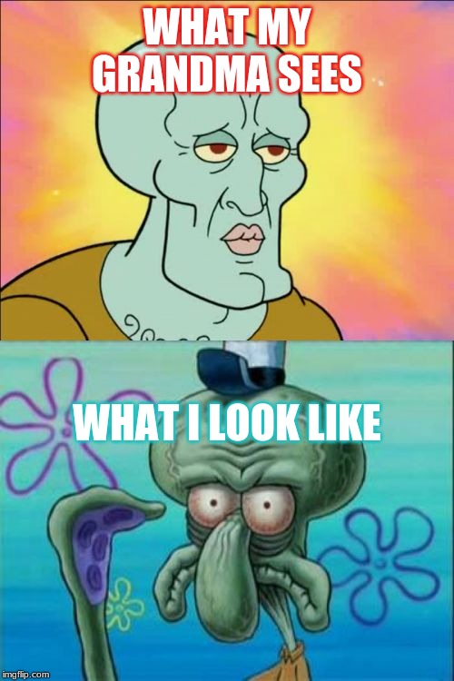 Squidward Meme | WHAT MY GRANDMA SEES; WHAT I LOOK LIKE | image tagged in memes,squidward | made w/ Imgflip meme maker
