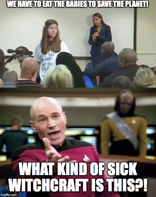 WE HAVE TO EAT THE BABIES TO SAVE THE PLANET! WHAT KIND OF SICK WITCHCRAFT IS THIS?! | image tagged in memes,picard wtf | made w/ Imgflip meme maker
