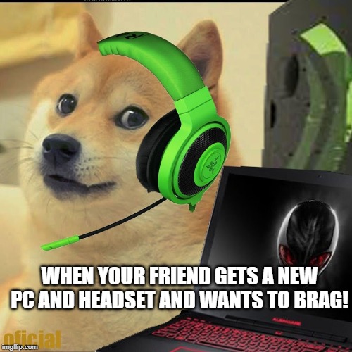 Gamer Doge | WHEN YOUR FRIEND GETS A NEW PC AND HEADSET AND WANTS TO BRAG! | image tagged in gamer doge | made w/ Imgflip meme maker