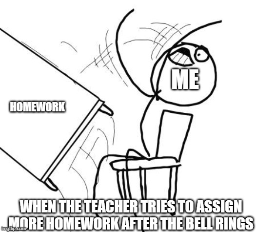 Table Flip Guy Meme | ME; HOMEWORK; WHEN THE TEACHER TRIES TO ASSIGN MORE HOMEWORK AFTER THE BELL RINGS | image tagged in memes,table flip guy | made w/ Imgflip meme maker