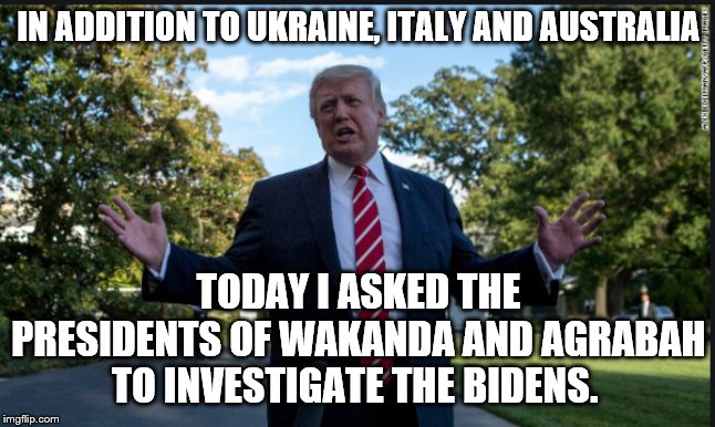 Donald Trump | IN ADDITION TO UKRAINE, ITALY AND AUSTRALIA; TODAY I ASKED THE PRESIDENTS OF WAKANDA AND AGRABAH TO INVESTIGATE THE BIDENS. | image tagged in donald trump | made w/ Imgflip meme maker
