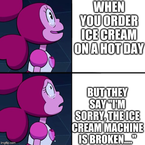 Spinel | WHEN YOU ORDER ICE CREAM ON A HOT DAY; BUT THEY SAY "I'M SORRY, THE ICE CREAM MACHINE IS BROKEN....'' | image tagged in spinel | made w/ Imgflip meme maker