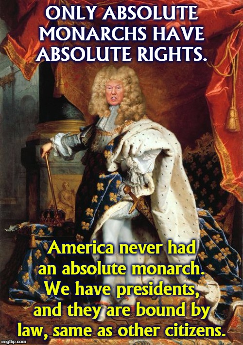 If Trump were any good at his job, he wouldn't have to retreat into totalitarian fantasy. | ONLY ABSOLUTE MONARCHS HAVE ABSOLUTE RIGHTS. America never had an absolute monarch. We have presidents, and they are bound by law, same as other citizens. | image tagged in king louis trump the never,king,monarch,absolute,president,law | made w/ Imgflip meme maker