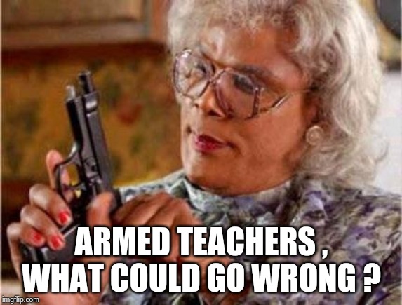 Madea | ARMED TEACHERS , WHAT COULD GO WRONG ? | image tagged in madea | made w/ Imgflip meme maker