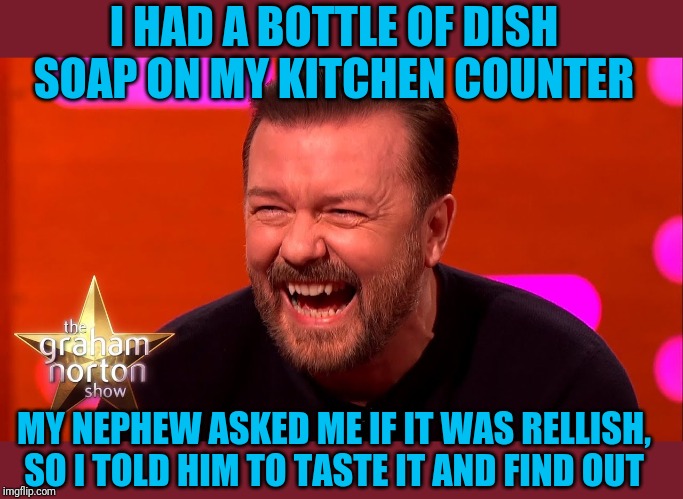 Ricky Gervais Laugh | I HAD A BOTTLE OF DISH SOAP ON MY KITCHEN COUNTER MY NEPHEW ASKED ME IF IT WAS RELLISH, SO I TOLD HIM TO TASTE IT AND FIND OUT | image tagged in ricky gervais laugh | made w/ Imgflip meme maker