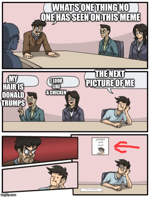 Boardroom Meeting Unexpected Ending | WHAT'S ONE THING NO ONE HAS SEEN ON THIS MEME; THE NEXT PICTURE OF ME; MY HAIR IS DONALD TRUMPS; I LOOK LIKE A CHICKEN | image tagged in boardroom meeting unexpected ending | made w/ Imgflip meme maker