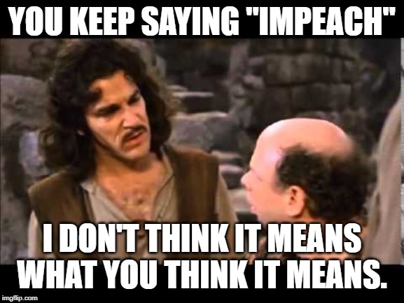 i don't think it means | YOU KEEP SAYING "IMPEACH" I DON'T THINK IT MEANS WHAT YOU THINK IT MEANS. | image tagged in i don't think it means | made w/ Imgflip meme maker