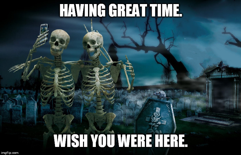 Graveyard Tourists | HAVING GREAT TIME. WISH YOU WERE HERE. | image tagged in graveyard tourists | made w/ Imgflip meme maker