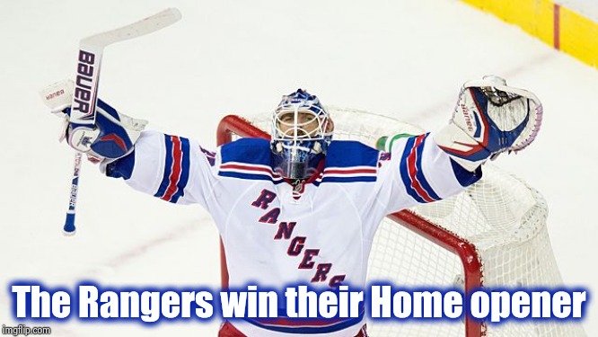 First time in 3 seasons | The Rangers win their Home opener | image tagged in henrik lundquist,hockey,beaten with roses,jets | made w/ Imgflip meme maker