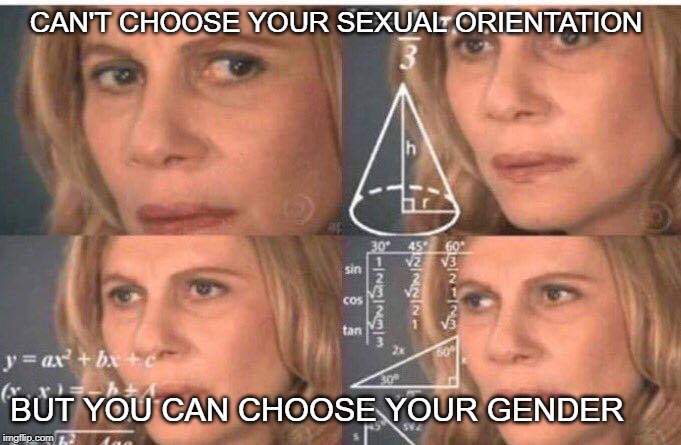 Math lady/Confused lady | CAN'T CHOOSE YOUR SEXUAL ORIENTATION BUT YOU CAN CHOOSE YOUR GENDER | image tagged in math lady/confused lady | made w/ Imgflip meme maker