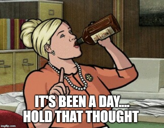 sorry not sorry | IT'S BEEN A DAY.... HOLD THAT THOUGHT | image tagged in archer pam,long day,over it | made w/ Imgflip meme maker