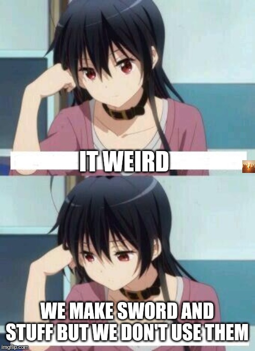 Anime Meme | IT WEIRD; WE MAKE SWORD AND STUFF BUT WE DON'T USE THEM | image tagged in anime meme | made w/ Imgflip meme maker