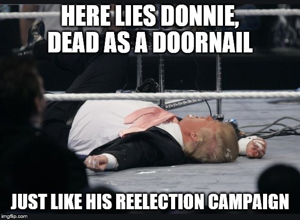 HERE LIES DONNIE, DEAD AS A DOORNAIL JUST LIKE HIS REELECTION CAMPAIGN | made w/ Imgflip meme maker