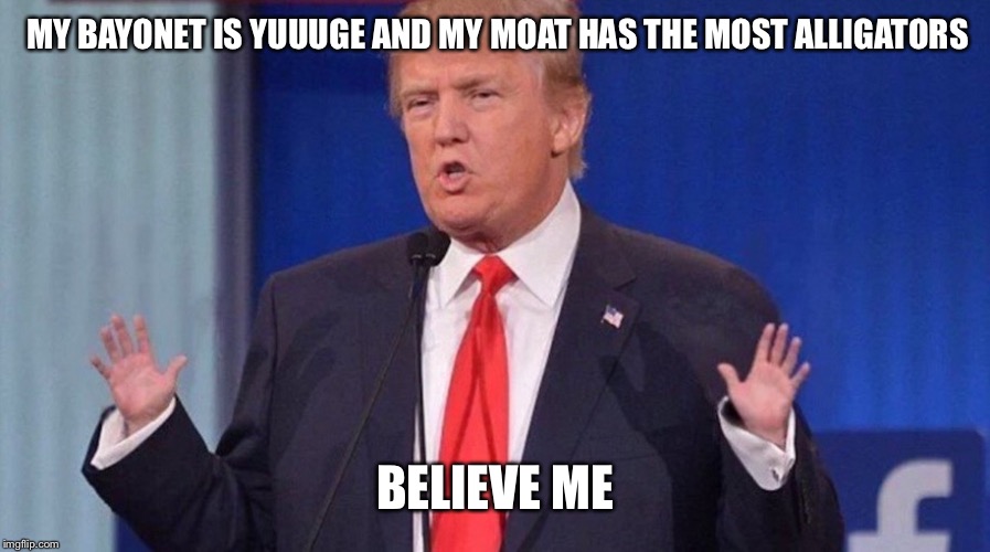 Trump Small Hands | MY BAYONET IS YUUUGE AND MY MOAT HAS THE MOST ALLIGATORS BELIEVE ME | image tagged in trump small hands | made w/ Imgflip meme maker