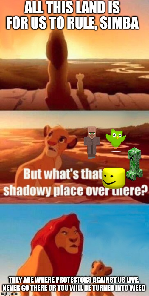 Simba Shadowy Place | ALL THIS LAND IS FOR US TO RULE, SIMBA; THEY ARE WHERE PROTESTORS AGAINST US LIVE. NEVER GO THERE OR YOU WILL BE TURNED INTO WEED | image tagged in memes,simba shadowy place | made w/ Imgflip meme maker