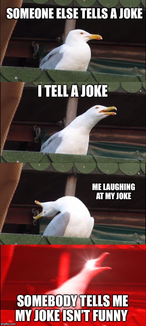 Inhaling Seagull Meme | SOMEONE ELSE TELLS A JOKE; I TELL A JOKE; ME LAUGHING AT MY JOKE; SOMEBODY TELLS ME MY JOKE ISN’T FUNNY | image tagged in memes,inhaling seagull | made w/ Imgflip meme maker