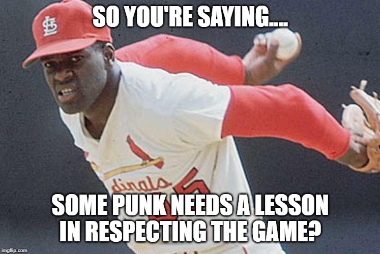 SO YOU'RE SAYING.... SOME PUNK NEEDS A LESSON IN RESPECTING THE GAME? | image tagged in bob gibson | made w/ Imgflip meme maker