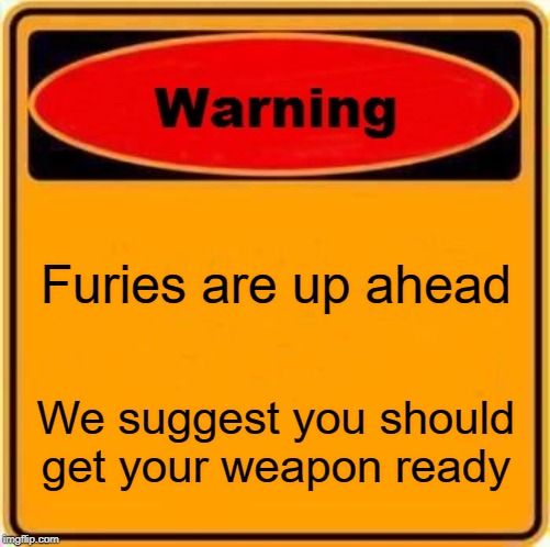 Warning Sign | Furies are up ahead; We suggest you should get your weapon ready | image tagged in memes,warning sign | made w/ Imgflip meme maker