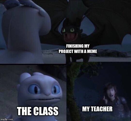 How to train your dragon 3 | FINISHING MY PROJECT WITH A MEME; MY TEACHER; THE CLASS | image tagged in how to train your dragon 3 | made w/ Imgflip meme maker