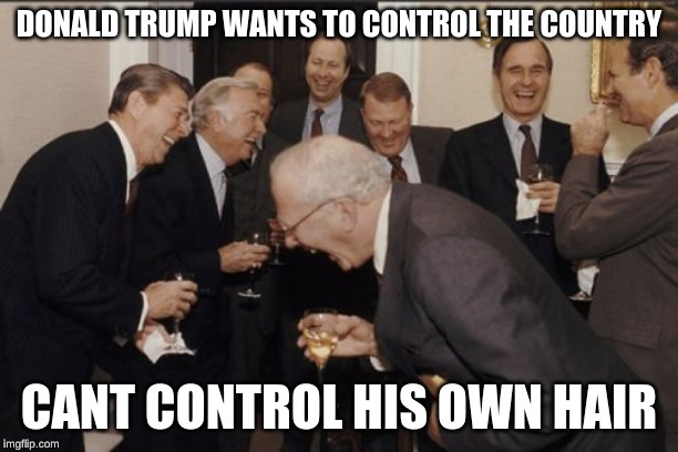 Laughing Men In Suits | DONALD TRUMP WANTS TO CONTROL THE COUNTRY; CANT CONTROL HIS OWN HAIR | image tagged in memes,laughing men in suits | made w/ Imgflip meme maker