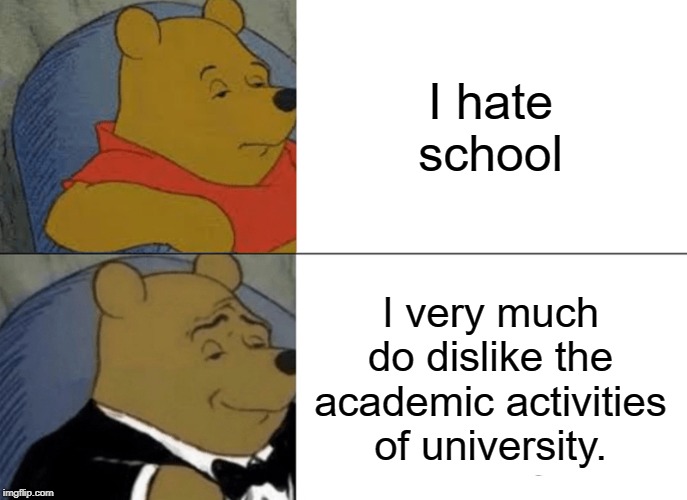 what too much school can do to you lol. |  I hate school; I very much do dislike the academic activities of university. | image tagged in memes,tuxedo winnie the pooh | made w/ Imgflip meme maker