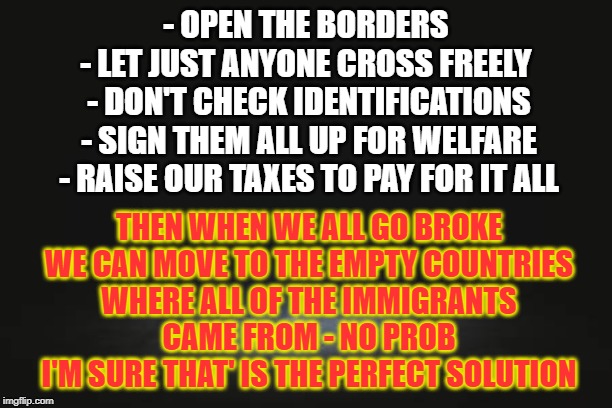 Perfect Solution | - OPEN THE BORDERS 
- LET JUST ANYONE CROSS FREELY 
- DON'T CHECK IDENTIFICATIONS
- SIGN THEM ALL UP FOR WELFARE
- RAISE OUR TAXES TO PAY FOR IT ALL; THEN WHEN WE ALL GO BROKE
WE CAN MOVE TO THE EMPTY COUNTRIES
WHERE ALL OF THE IMMIGRANTS
CAME FROM - NO PROB
I'M SURE THAT' IS THE PERFECT SOLUTION | image tagged in perfect solution,the solution,plan,great idea | made w/ Imgflip meme maker