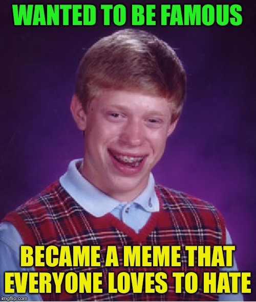 Bad Luck Brian Meme | WANTED TO BE FAMOUS BECAME A MEME THAT EVERYONE LOVES TO HATE | image tagged in memes,bad luck brian | made w/ Imgflip meme maker