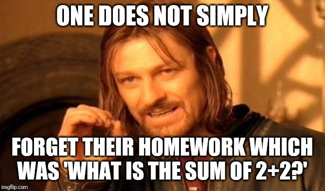 One Does Not Simply | ONE DOES NOT SIMPLY; FORGET THEIR HOMEWORK WHICH WAS 'WHAT IS THE SUM OF 2+2?' | image tagged in memes,one does not simply | made w/ Imgflip meme maker