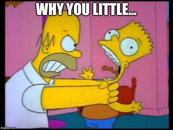 Homer chokes bart | WHY YOU LITTLE... | image tagged in homer chokes bart | made w/ Imgflip meme maker