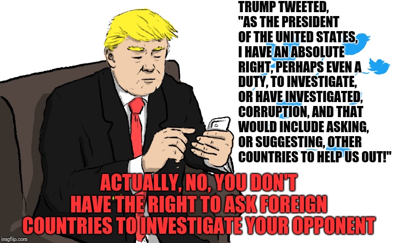 He Knows It's Illegal But He Believes He's A Chosen One, Remember?  The Buffoon Actually Thinks He's Above Every One Else. | TRUMP TWEETED, "AS THE PRESIDENT OF THE UNITED STATES, I HAVE AN ABSOLUTE RIGHT, PERHAPS EVEN A DUTY, TO INVESTIGATE, OR HAVE INVESTIGATED, CORRUPTION, AND THAT WOULD INCLUDE ASKING, OR SUGGESTING, OTHER COUNTRIES TO HELP US OUT!"; ACTUALLY, NO, YOU DON'T HAVE THE RIGHT TO ASK FOREIGN COUNTRIES TO INVESTIGATE YOUR OPPONENT | image tagged in trump tweeting,trump unfit unqualified dangerous,liar in chief,lock him up,loser,memes | made w/ Imgflip meme maker