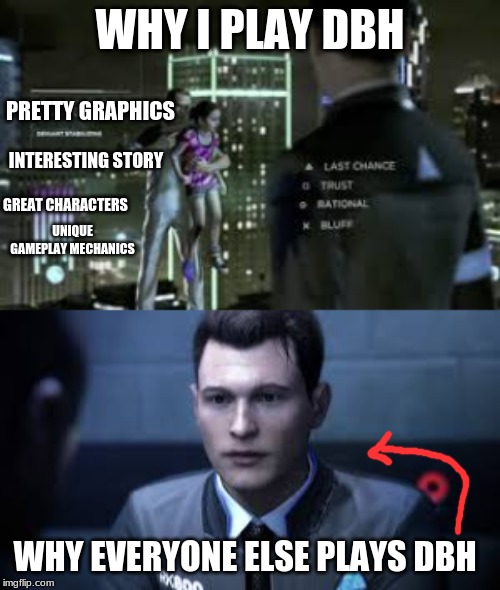 dbh memes for ya! | WHY I PLAY DBH; PRETTY GRAPHICS; INTERESTING STORY; GREAT CHARACTERS; UNIQUE GAMEPLAY MECHANICS; WHY EVERYONE ELSE PLAYS DBH | image tagged in detroit become human | made w/ Imgflip meme maker