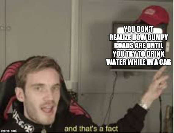 And thats a fact | YOU DON'T REALIZE HOW BUMPY ROADS ARE UNTIL YOU TRY TO DRINK WATER WHILE IN A CAR | image tagged in and thats a fact | made w/ Imgflip meme maker