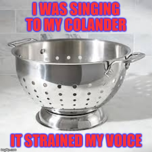 Colander Songs | I WAS SINGING TO MY COLANDER; IT STRAINED MY VOICE | image tagged in singing,colander,collander,strained voice,singing voice | made w/ Imgflip meme maker