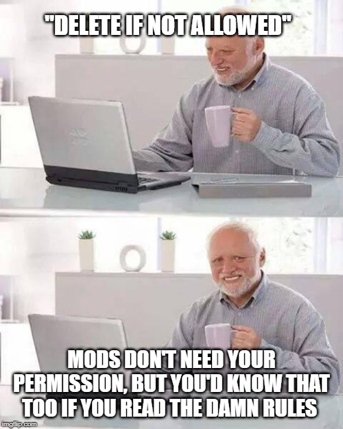When someone says | "DELETE IF NOT ALLOWED"; MODS DON'T NEED YOUR PERMISSION, BUT YOU'D KNOW THAT TOO IF YOU READ THE DAMN RULES | image tagged in memes,hide the pain harold | made w/ Imgflip meme maker