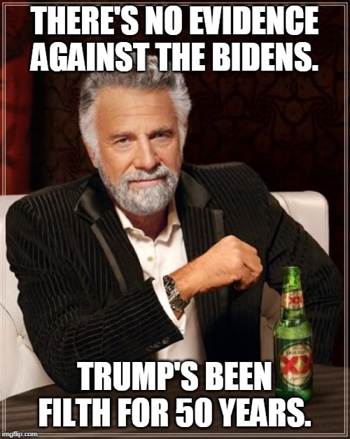None of this noise about the Bidens matters. What matters is that the President of the United States broke the law. | THERE'S NO EVIDENCE AGAINST THE BIDENS. TRUMP'S BEEN FILTH FOR 50 YEARS. | image tagged in memes,the most interesting man in the world,trump,biden,law,constitution | made w/ Imgflip meme maker