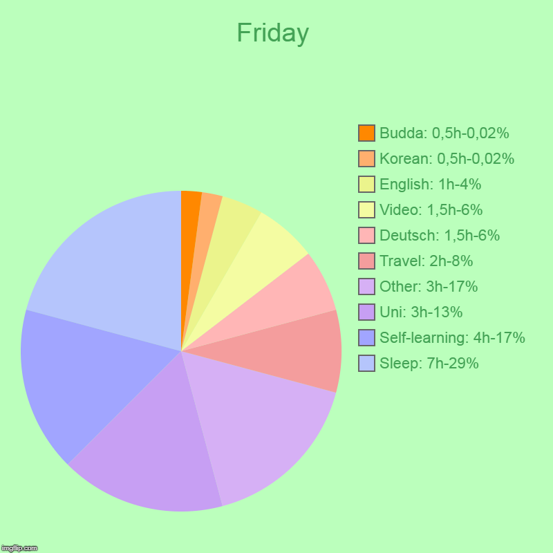 Friday | Sleep: 7h-29%, Self-learning: 4h-17%, Uni: 3h-13%, Other: 3h-17%, Travel: 2h-8%, Deutsch: 1,5h-6%, Video: 1,5h-6%, English: 1h-4%,  | image tagged in charts,pie charts | made w/ Imgflip chart maker