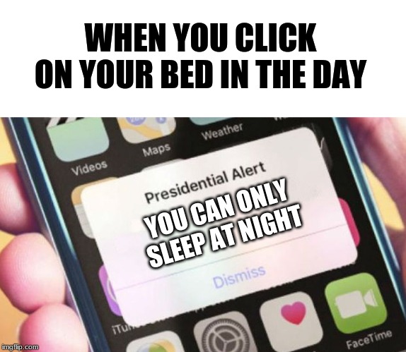 Presidential Alert | WHEN YOU CLICK ON YOUR BED IN THE DAY; YOU CAN ONLY SLEEP AT NIGHT | image tagged in memes,presidential alert | made w/ Imgflip meme maker