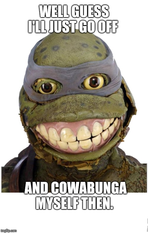 Teenage Methhead Ninja Turtle | WELL GUESS I'LL JUST GO OFF; AND COWABUNGA MYSELF THEN. | image tagged in teenage methhead ninja turtle | made w/ Imgflip meme maker