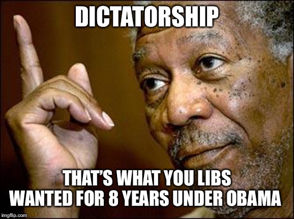 This Morgan Freeman | DICTATORSHIP THAT’S WHAT YOU LIBS WANTED FOR 8 YEARS UNDER OBAMA | image tagged in this morgan freeman | made w/ Imgflip meme maker