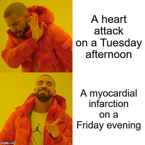 Drake Hotline Bling Meme | A heart attack on a Tuesday afternoon; A myocardial infarction on a Friday evening | image tagged in memes,drake hotline bling | made w/ Imgflip meme maker