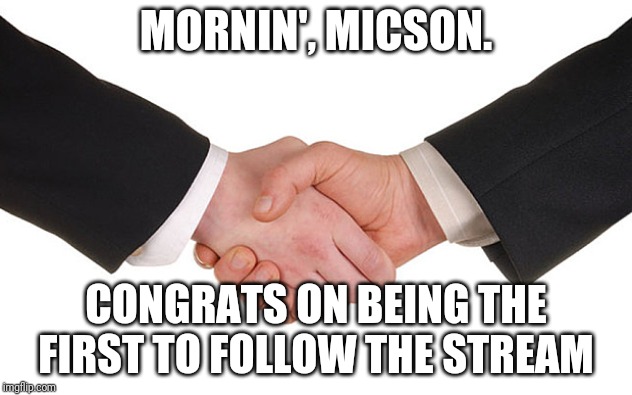 Business Handshake | MORNIN', MICSON. CONGRATS ON BEING THE FIRST TO FOLLOW THE STREAM | image tagged in business handshake | made w/ Imgflip meme maker